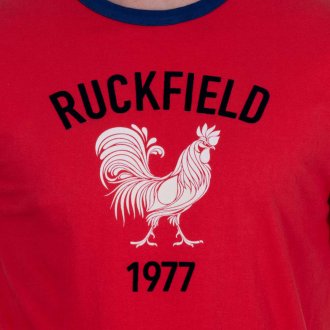 T-shirt col rond Ruckfield en coton biologique rouge avec manches courtes et logo coq
