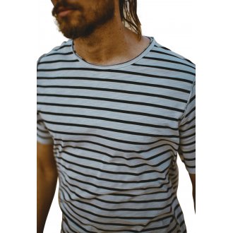 T-shirt col rond Freeman en coton blanc à rayures bleu marine