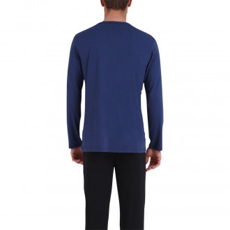 Pyjama long Athena en coton : tee-shirt manches longues col rond bleu floqué et pantalon bleu marine