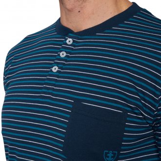 Pyjama long Mariner en coton biologique : tee-shirt manches longues bleu marine à rayures et pantalon bleu canard