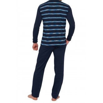 Pyjama long Mariner en coton : tee-shirt manches longues bleu marine à rayures bleues et pantalon bleu marine