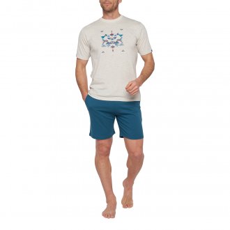 Pyjama court Mariner en coton biologique : tee-shirt col rond baige floqué et short bleu canard