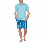 Pyjama court Marine en coton : tee-shirt bleu clair et short bleu marine à carreaux