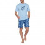 Pyjama court Mariner en coton biologique : tee-shirt col rond manches courtes bleu clair floqué et short bleu marine à motifs