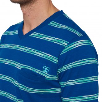 Pyjama court Mariner en coton : tee-shirt col rond bleu marine à rayures turquoises et short turquoise