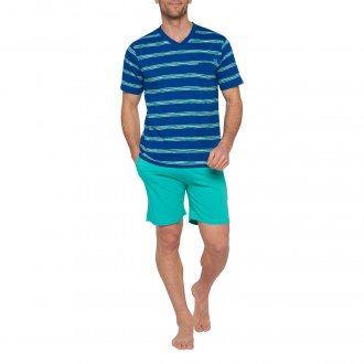 Pyjama court Mariner en coton : tee-shirt col rond bleu marine à rayures turquoises et short turquoise