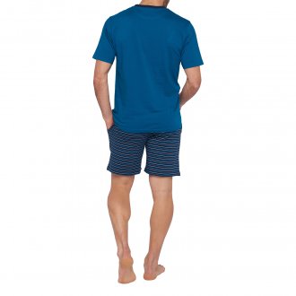 Pyjama court Mariner en coton biologique : tee-shirt col rond bleu pétrole floqué et short bleu marine à rayures