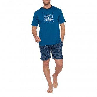 Pyjama court Mariner en coton biologique : tee-shirt col rond bleu pétrole floqué et short bleu marine à rayures