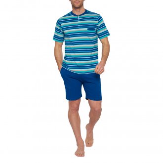 Pyjama court Mariner en coton biologique : tee-shirt col boutonné à rayures bleu marine, turquoises et orange et short bleu marine