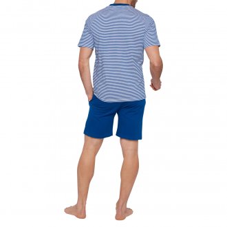 Pyjama court Mariner en coton biologique : tee-shirt col rond à rayures bleu saphir et blanches et short bleu saphir