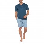 Pyjama court Mariner en coton : tee-shirt col V manches courtes bleu denim floqué et short à motifs