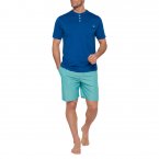 Pyjama court Mariner en coton : tee-shirt col boutonné bleu marine et short turquoise à rayures