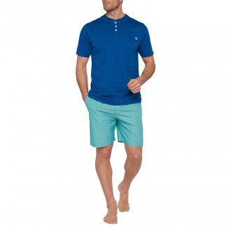 Pyjama court Mariner en coton : tee-shirt col boutonné bleu marine et short turquoise à rayures