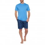 Pyjama court Mariner en coton : tee-shirt col 'rond manches courtes bleu clair et short bleu marine à motifs 