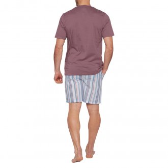 Pyjama court Mariner en coton : tee-shirt col boutonné manches courtes bordeaux et short à rayures bordeaux et bleues