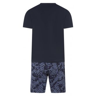 Pyjama court Emporio Armani en coton stretch : tee-shirt col rond bleu marine et short bleu marine à motifs bleus
