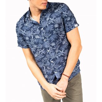 Chemise manches courtes col italien Deeluxe bleu marine à motifs palmiers blancs