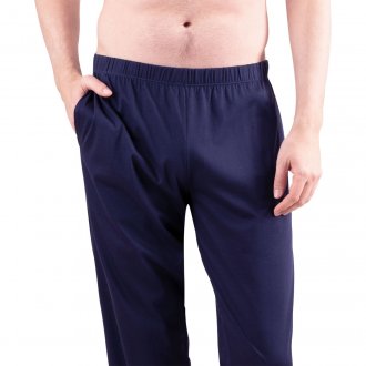 Pyjama long Eminence en coton bleu marine : tee-shirt col boutonné manches longues rayé et pantalon