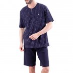 Pyjama court Eminence en coton : tee-shirt col rond bleu marine à motifs et short bleu marine