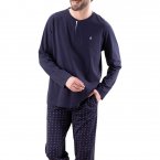 Pyjama long Eminence en coton : tee-shirt manches longues bleu marine et pantalon bleu marine à motifs