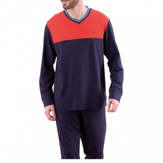 Ensemble de pyjama long marine en coton coupe droite col rond et bande de couleur