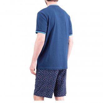 Ensemble de pyjama court bleu en coton à col rond avec imprimés fantaisie