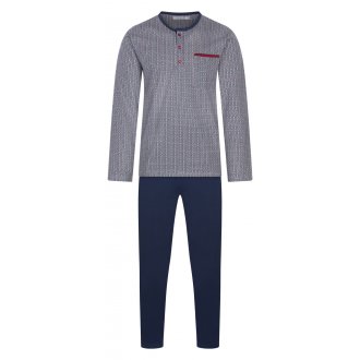 Pyjama long Christian Cane Nael en coton : tee-shirt manches longues et col rond avec imprimés et pantalon bleu marine