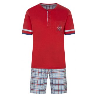 Pyjama court Christian Cane Nelio en coton : tee-shirt rouge à col rond et manches courtes et pantalon à carreaux bleus et rouges