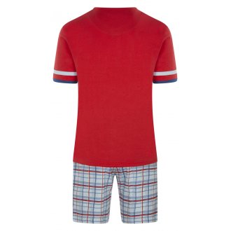Pyjama court Christian Cane Nelio en coton : tee-shirt rouge à col rond et manches courtes et pantalon à carreaux bleus et rouges