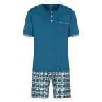 Pyjama court Christian Cane Nadeon en coton : tee-shirt bleu à manches courtes et col rond et short turquoise à motifs