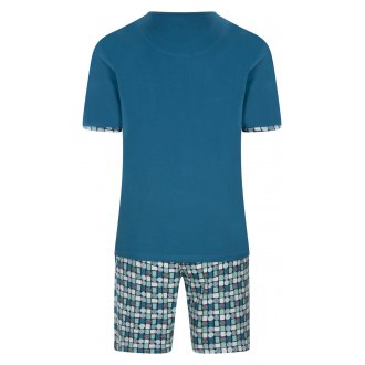 Pyjama court Christian Cane Nadeon en coton : tee-shirt bleu à manches courtes et col rond et short turquoise à motifs