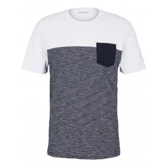 T-shirt col rond Tom Tailor en coton blanc à rayures bleu marine