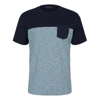 T-shirt col rond Tom Tailor en coton bleu marine à rayures bleu clair