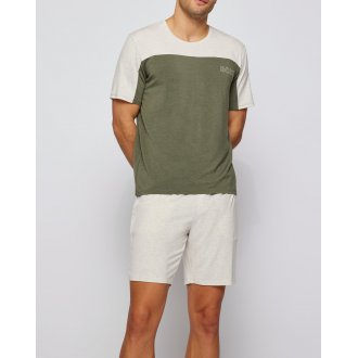 Pyjama court Boss : tee-shirt col rond manches courtes vert kaki et beige et short beige