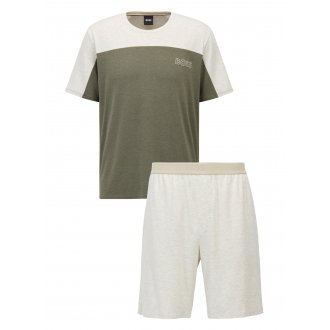 Pyjama court Boss : tee-shirt col rond manches courtes vert kaki et beige et short beige