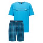 Pyjama court Boss en coton : t-shirt col rond bleu floqué et short à carreaux all-over