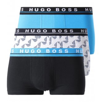 Lot de 3 boxers Boss en coton stretch bleu nuit, bleu clair et blanc à motifs