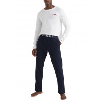 Pyjama long Tommy Hilfiger en coton : tee-shirt manches longues à col rond blanc et pantalon bleu marine