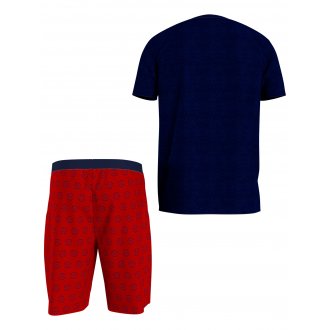 Pyjama court Tommy Hilfiger en coton : tee-shirt col rond bleu marine et short rouge