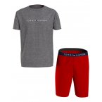 Pyjama court Tommy Hilfiger en coton : tee-shirt col rond gris chiné et short rouge