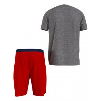 Pyjama court Tommy Hilfiger en coton : tee-shirt col rond gris chiné et short rouge
