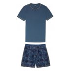 Pyjama court Diesel en coton bleu : tee-shirt manches courtes col rond bleu et short à motifs fleurs et feuilles all-over