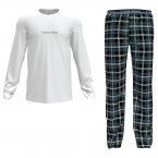 Pyjama long Calvin Klein : tee-shirt col rond manches longues blanc floqué et pantalon à carreaux all-over
