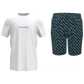 Pyjama court Calvin Klein : tee-shirt col rond blanc floqué et short bleu marine logotypé