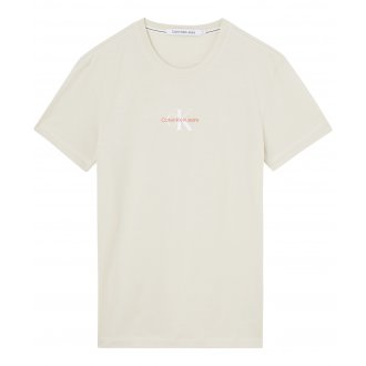 T-shirt écru en coton biologique mélangé col rond avec logo orange