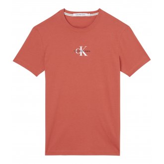 T-shirt rouge en coton biologique mélangé col rond avec logo blanc