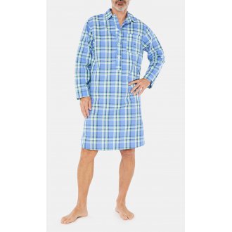Chemise de nuit col français Arthur en coton bleu à carreaux