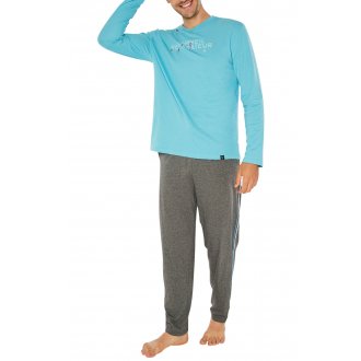 Pyjama long Arthur fermée bleu avec manches longues et col v