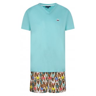Pyjama court Arthur en coton biologique : tee-shirt manches courtes col V turquoise et short à motifs all-over