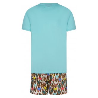 Pyjama court Arthur en coton biologique : tee-shirt manches courtes col V turquoise et short à motifs all-over